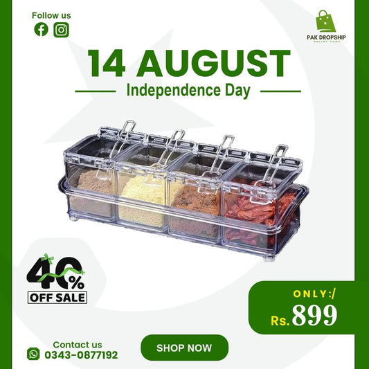 4 in 1 Clear Seasoning Box – Crystal Spice Container Set with Spoons | Transparent Seasoning Rack