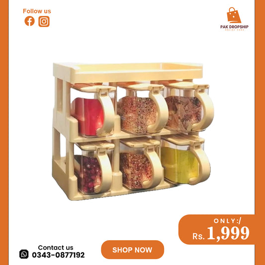 6-Piece Spice Rack Set with Spoons – Kitchen Masala Box (Box Pack, Random Colours)